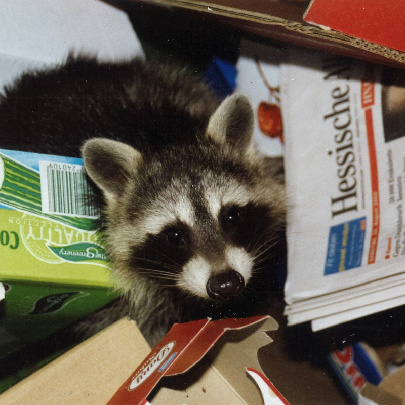 A baby raccoon looks up at the camera from amid discarded newspaper and cardboard.